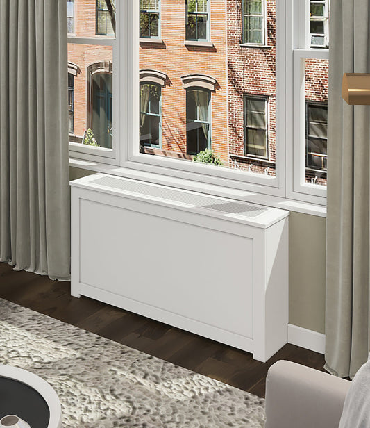 Custom PTAC HVAC cover cabinet with metal grille in white finish