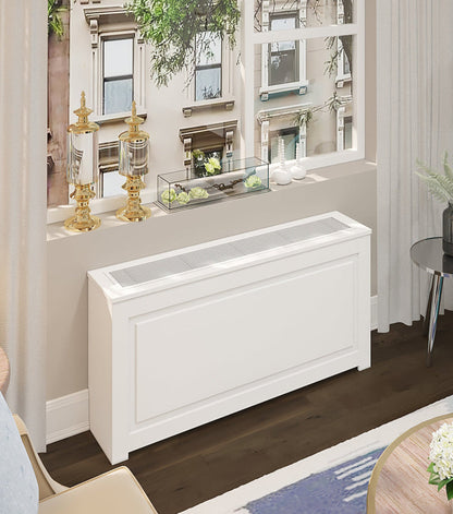 Custom PTAC HVAC cover cabinet with metal grille in white finish made in NYC