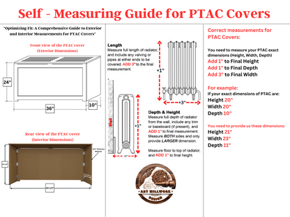 Self-measuring guide for PTAC covers by Art Millwork NYC, showing how to measure exterior and interior dimensions for custom HVAC cabinet fit.