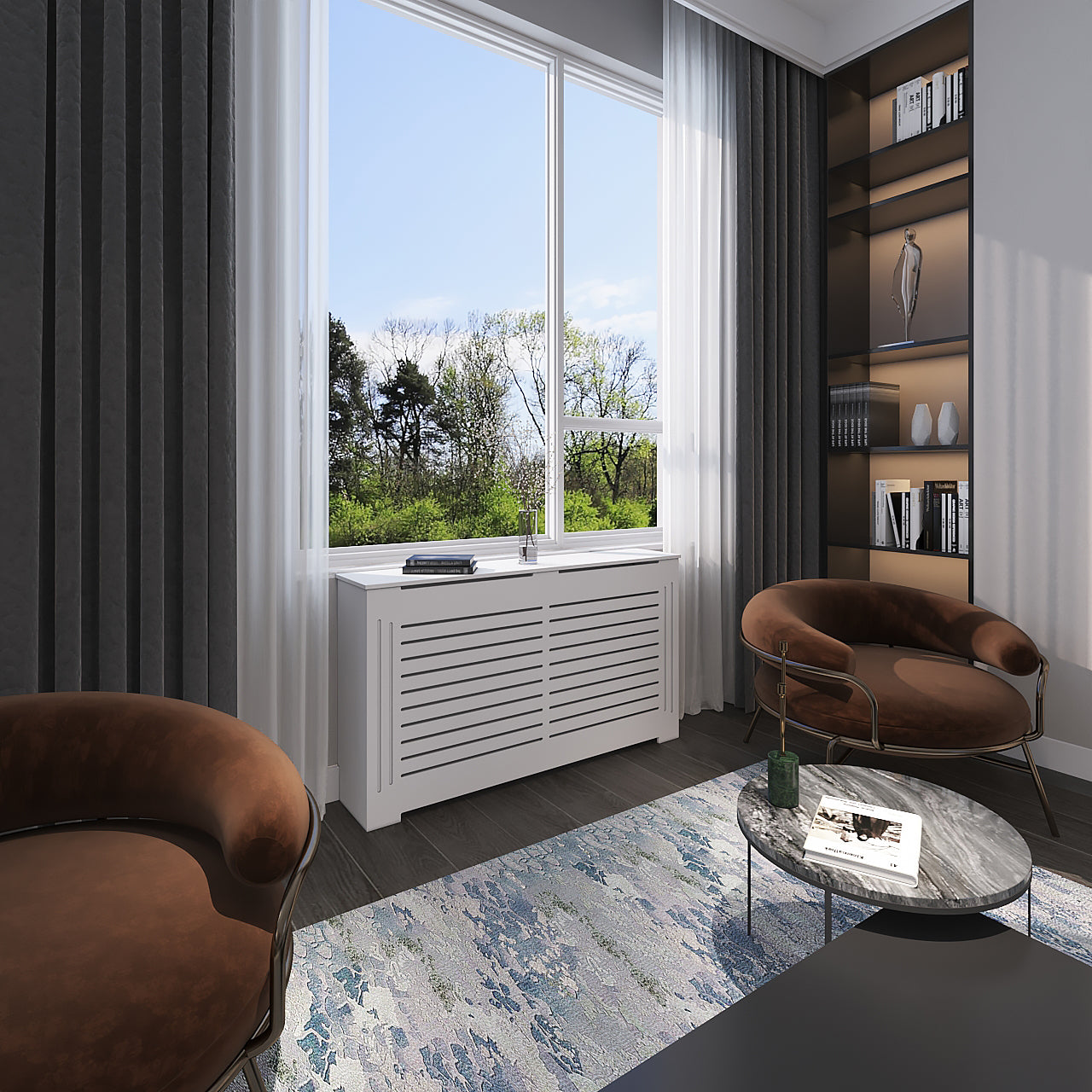 Custom white JULIA radiator cover cabinet installed in NYC apartment interior