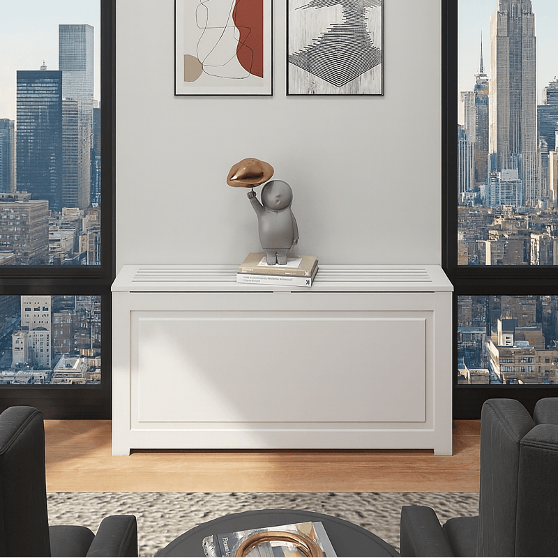 Custom white PTAC cover cabinet with slatted top handcrafted in NYC