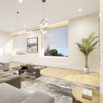 Custom white hydronic baseboard heater cover installed in New York apartment interior