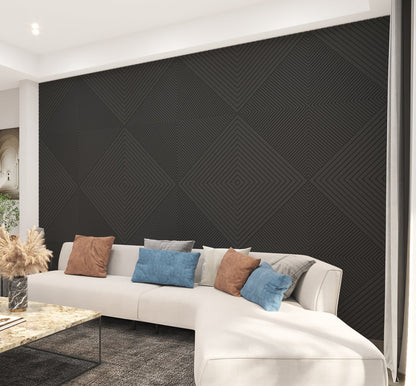 Decorative 3D wall panels in black geometric design installed in modern living room