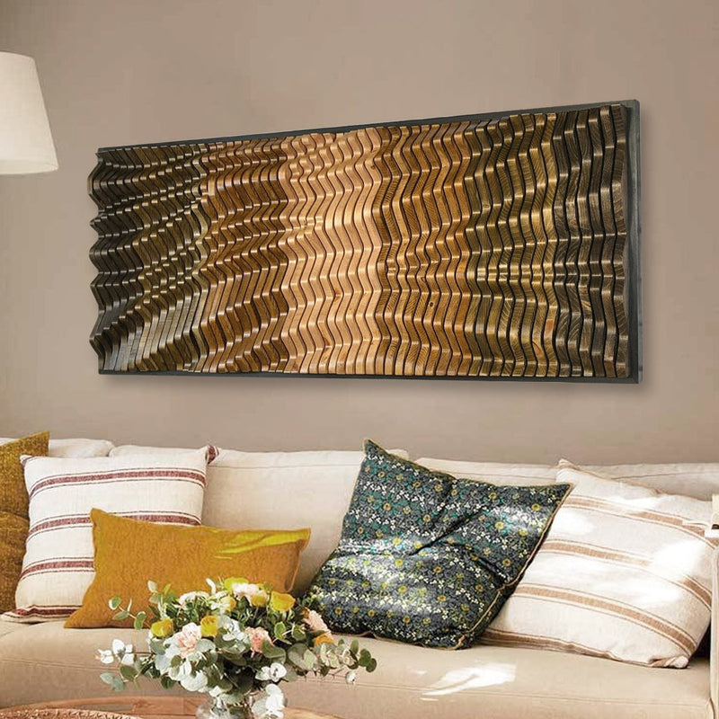 ENIGMA Parametric Wood Wall Art in a modern living room, showcasing its 3D solid wood acoustic design above a beige sectional sofa.