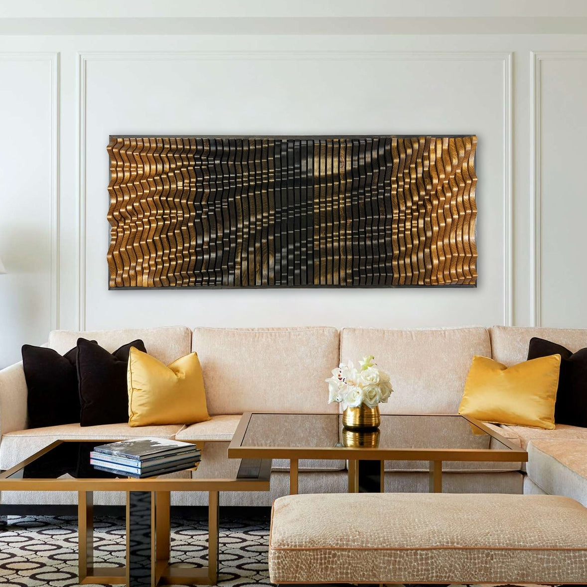 ECLIPSE Wall Art - Unique Parametric 100% Wood Wall Art displayed above a beige sectional in a luxury living room with gold accents.