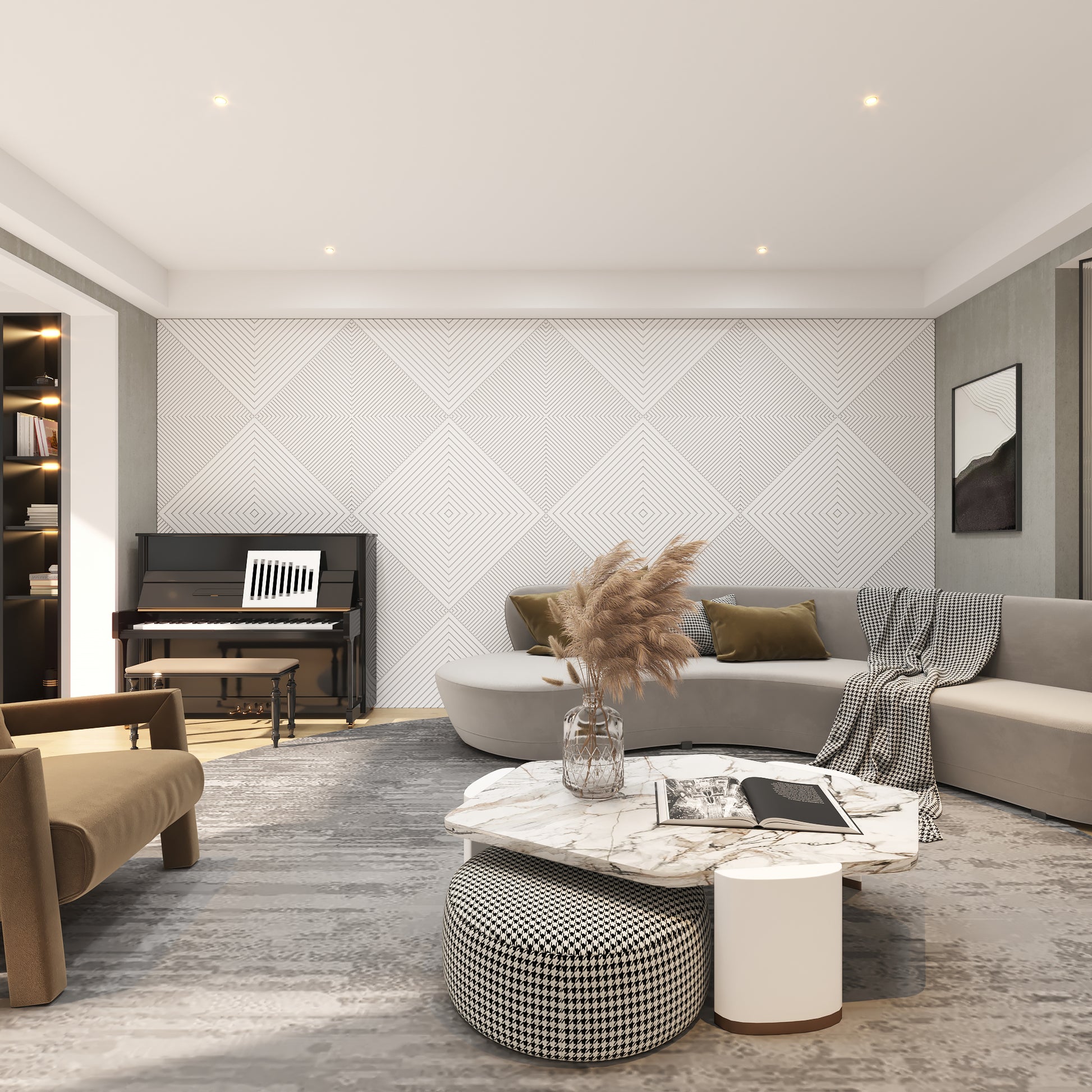 Geometric white wall panels made from Medex wood acoustic design