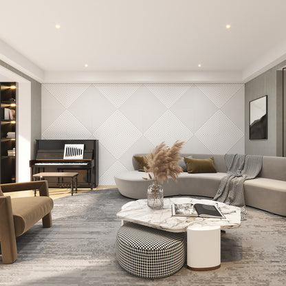 Geometric white wall panels made from Medex wood acoustic design