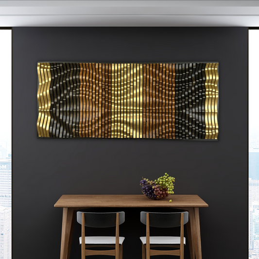 Golden Reverie parametric wood wall art installed above modern bed