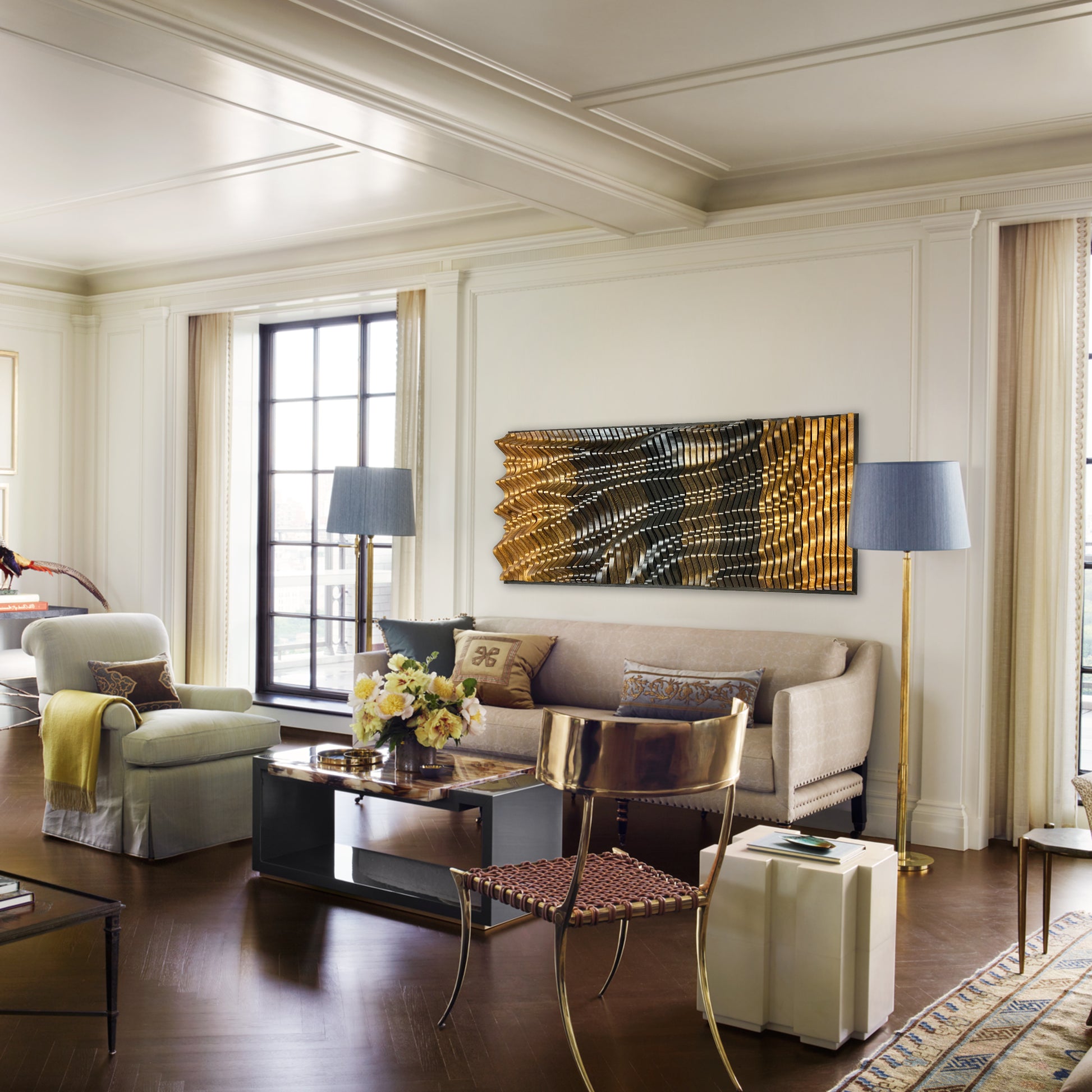 ECLIPSE Wall Art - Handmade Parametric Wood Panel featured in a classic living room with elegant decor and floor lamps.