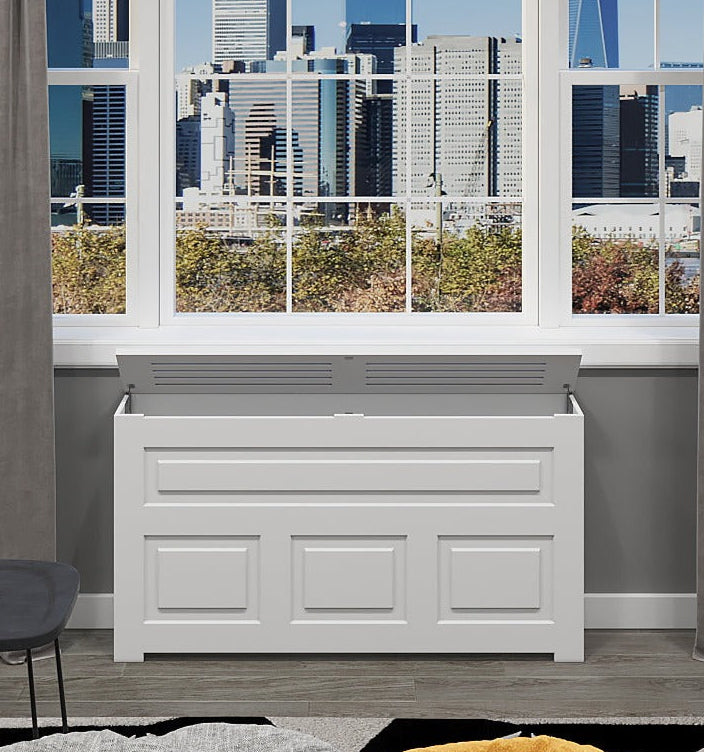 Hudson decorative PTAC cover cabinet with hinged top access in white finish