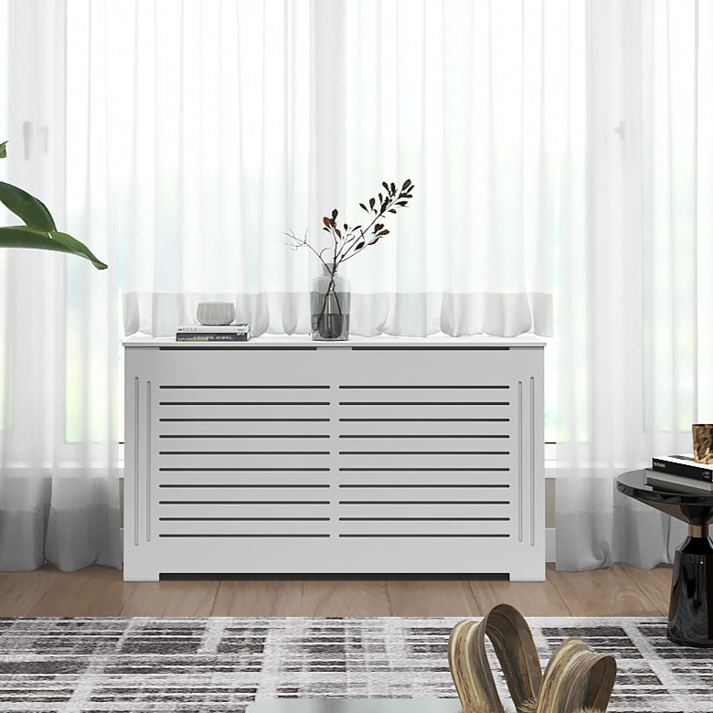JULIA modern white radiator cover cabinet made from Medex wood, custom heat cover handcrafted in NYC