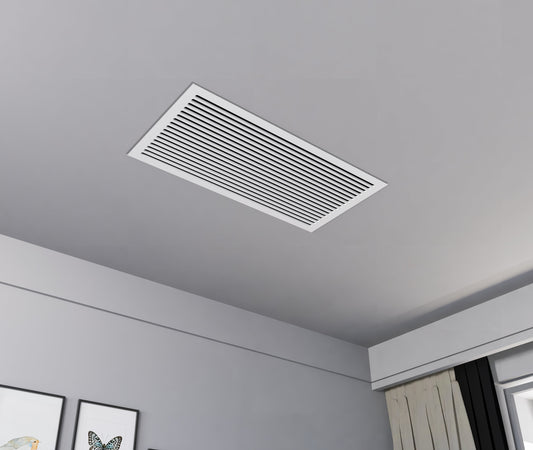 Large magnetic air vent cover in modern white Medex wood with minimalist square design