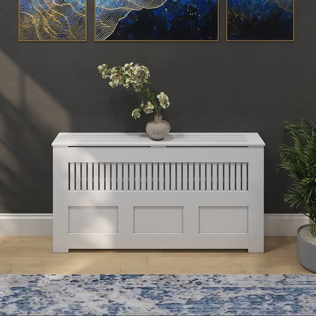 MANHATTAN modern white radiator cover cabinet made from Medex wood, custom heat cover handcrafted in NYC