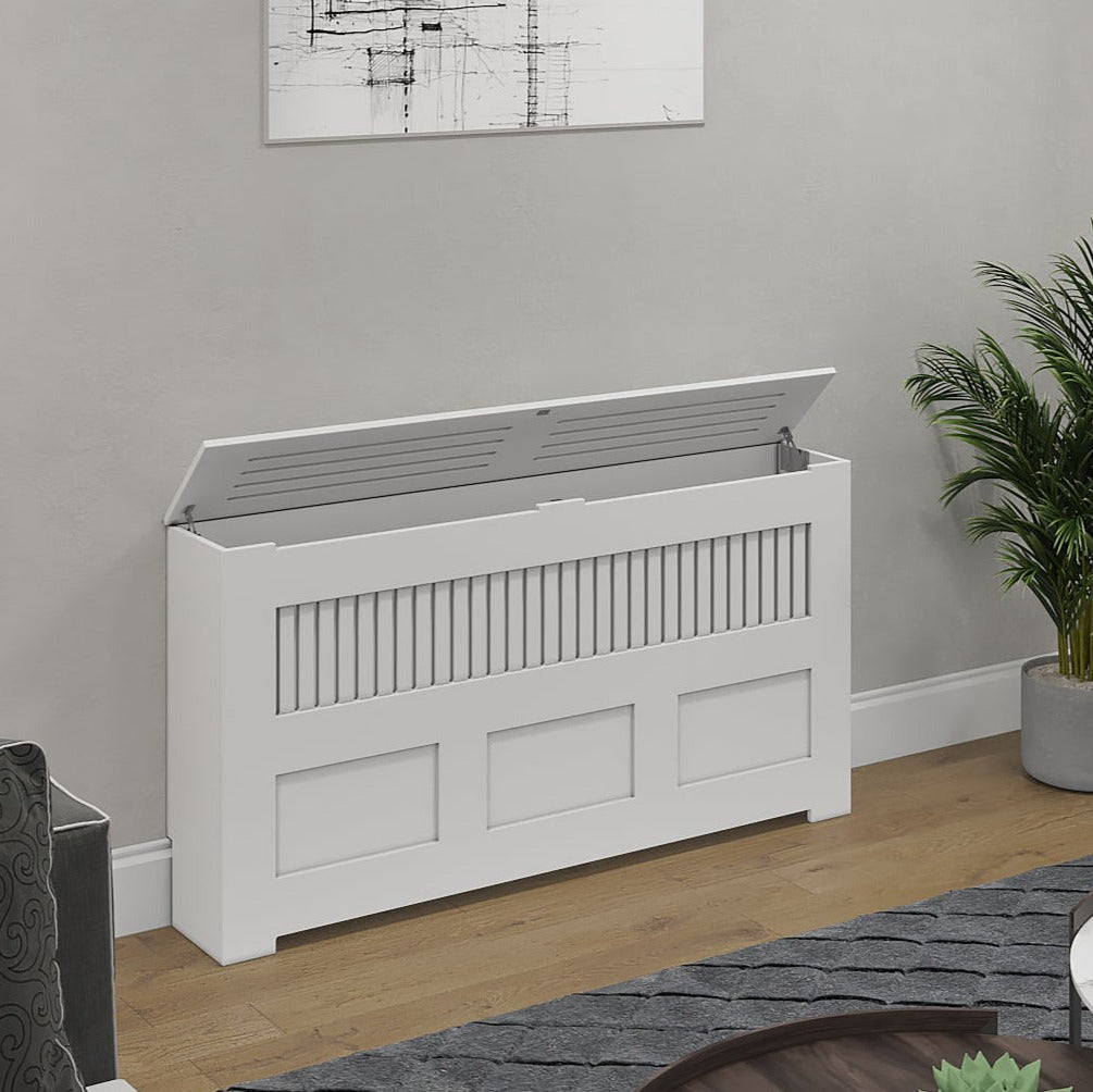 Manhattan PTAC HVAC enclosure cabinet with hinged top in white finish