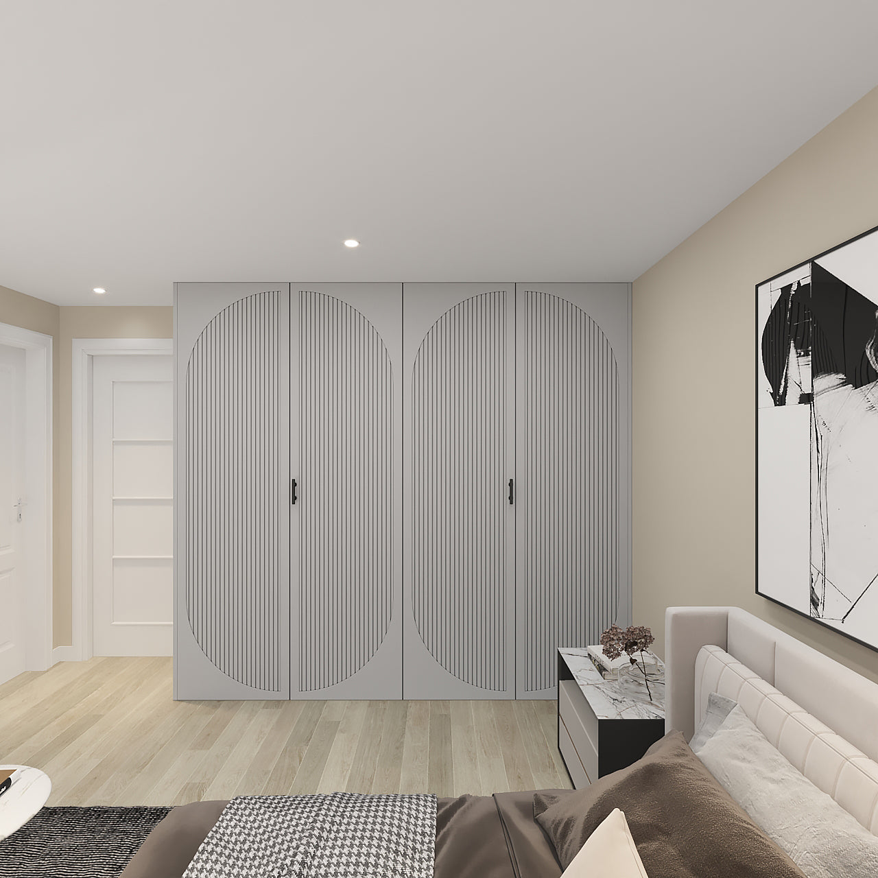 Custom wardrobe closet doors in NYC with modern vertical fluted design and large semi-circular patterns, paint-ready MDF panels in a neutral bedroom.