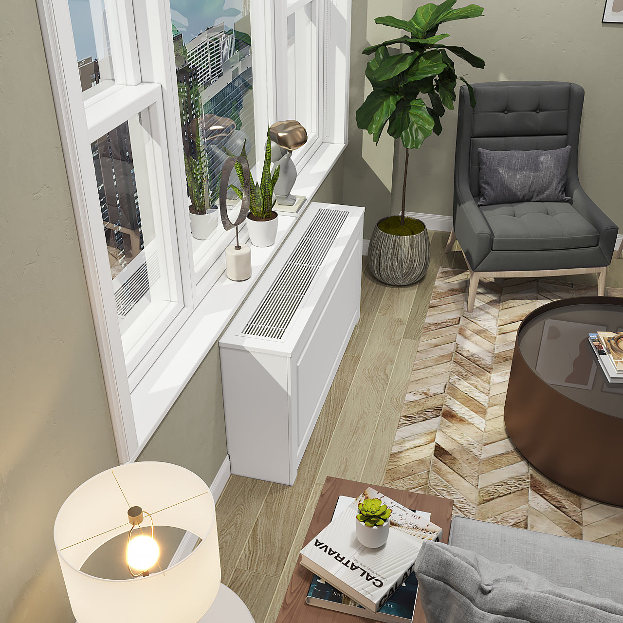 Modern HVAC cover cabinet with ventilated metal grille handcrafted in USA