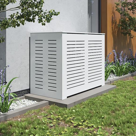 Modern PVC outdoor cover in white concealing air conditioner unit beside modern home