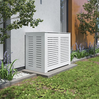 Modern PVC outdoor cover in white concealing air conditioner unit beside modern home