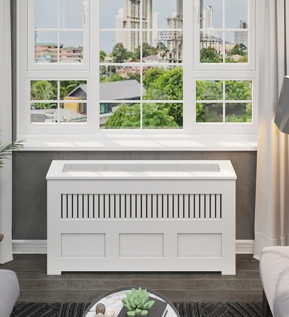 Modern white PTAC cover cabinet with metal grille custom made in NYC