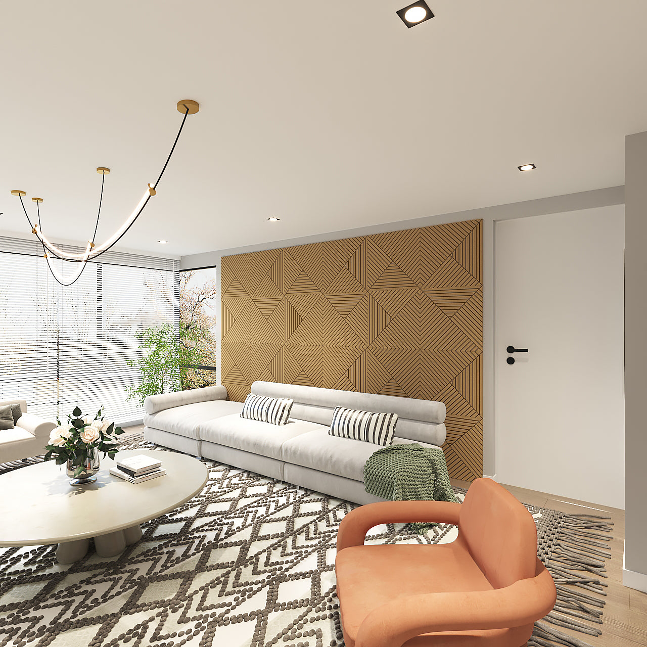 Geometric 3D acoustic wall panels in a modern interior, offering soundproofing and decorative flair with customizable Medex wood finish.