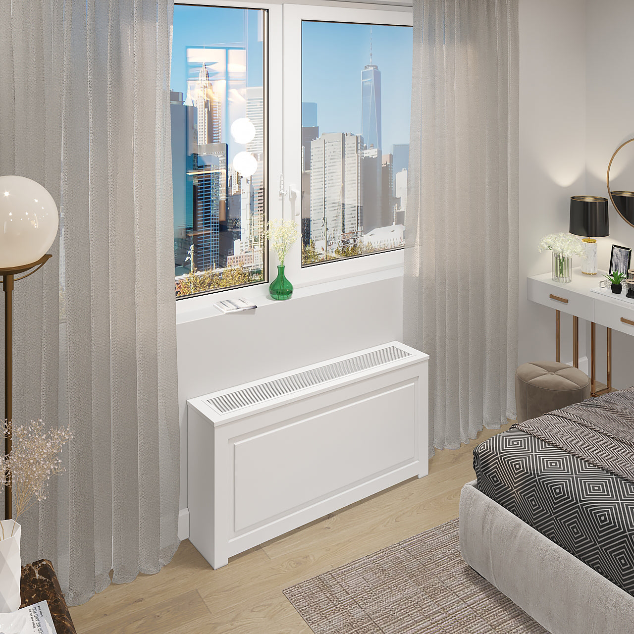 NYC made PTAC HVAC cover cabinet with custom dimensions and metal grille design