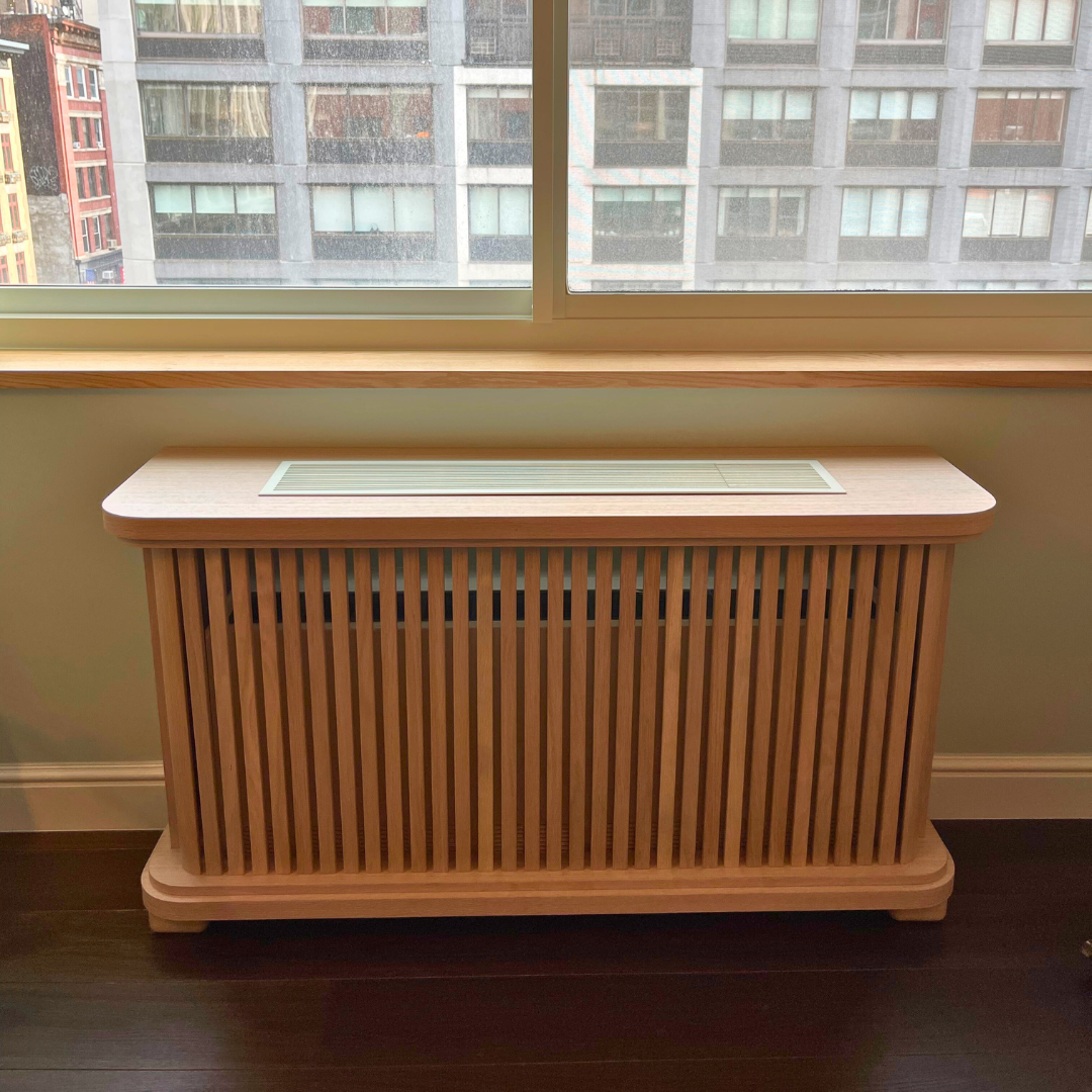 Oak wood radiator heat cover cabinet handcrafted in NYC, custom wooden radiator cover made to order