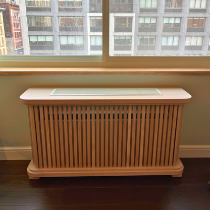 Oak wood radiator heat cover cabinet handcrafted in NYC, custom wooden radiator cover made to order