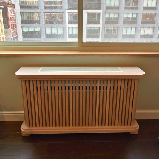 Oak wood radiator heat cover cabinet handcrafted in NYC, custom wooden radiator cover made to order