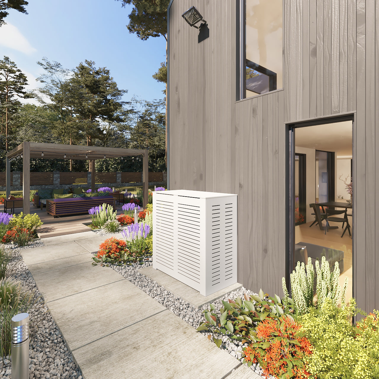 Outdoor AC unit cover with PVC privacy fence panels, modern backyard installation