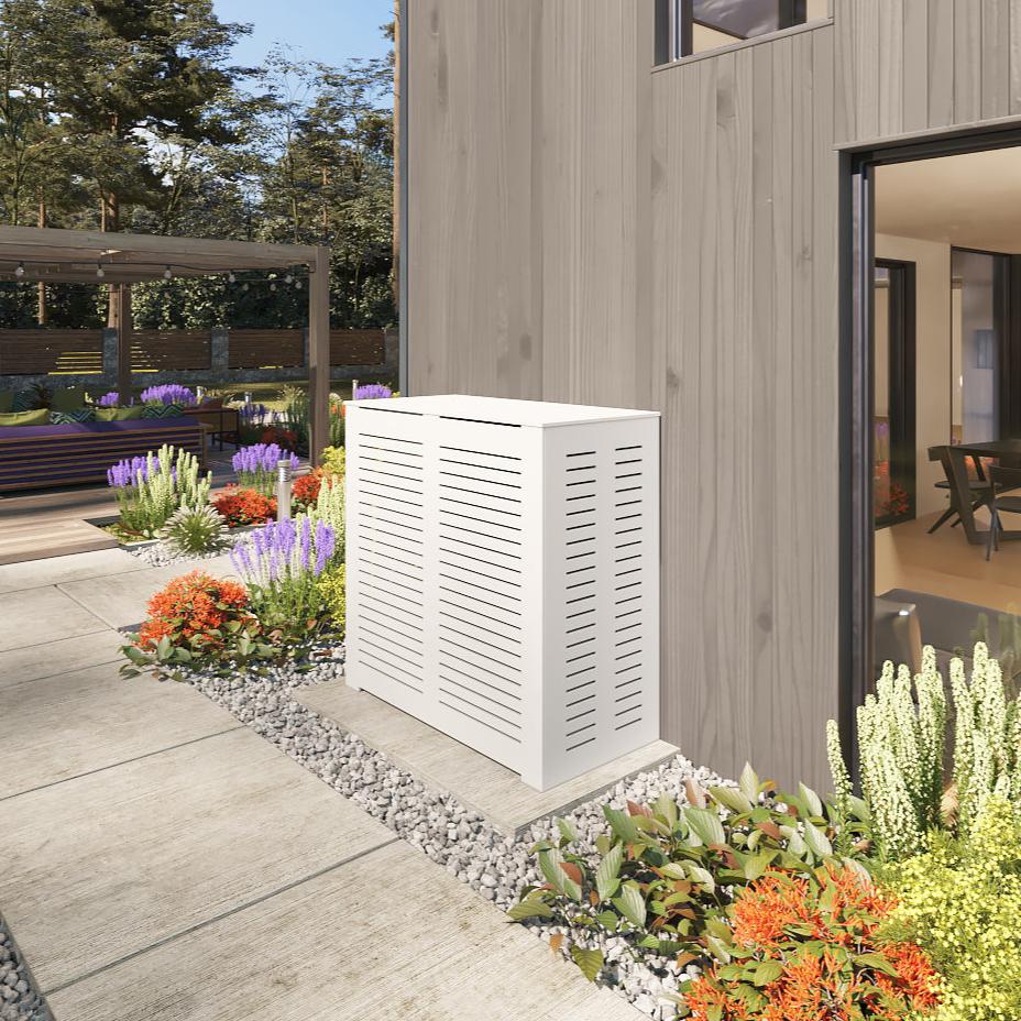 PVC outdoor AC cover enclosure in modern white installed next to home exterior