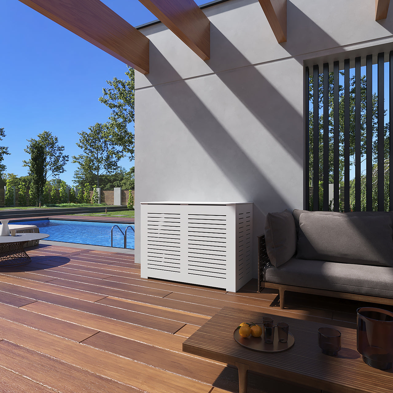 PVC pool equipment enclosure with ventilation panels, exterior installation