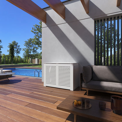 PVC pool equipment enclosure with ventilation panels, exterior installation