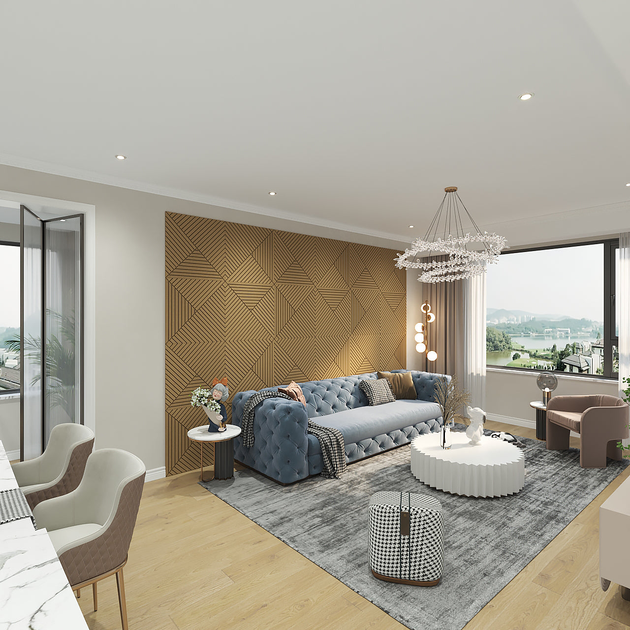 Contemporary living room featuring customizable abstract wall panels in 3D acoustic wood, adding texture and sound absorption.