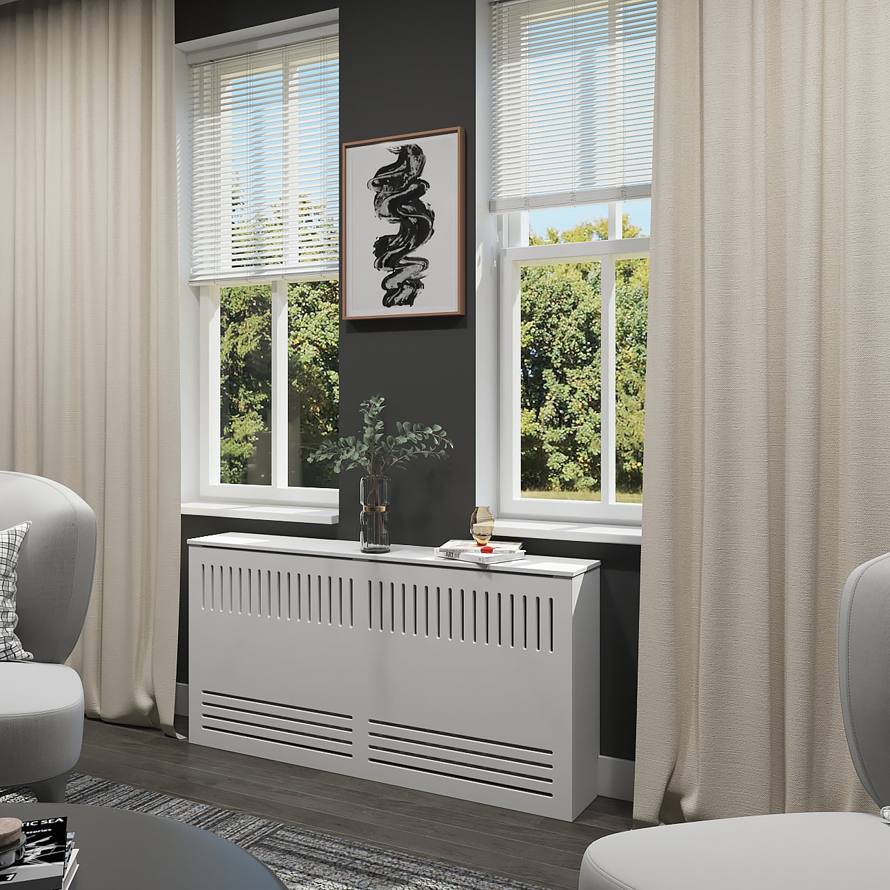 ROSALIA radiator cover cabinet with optional top vent holes for improved airflow