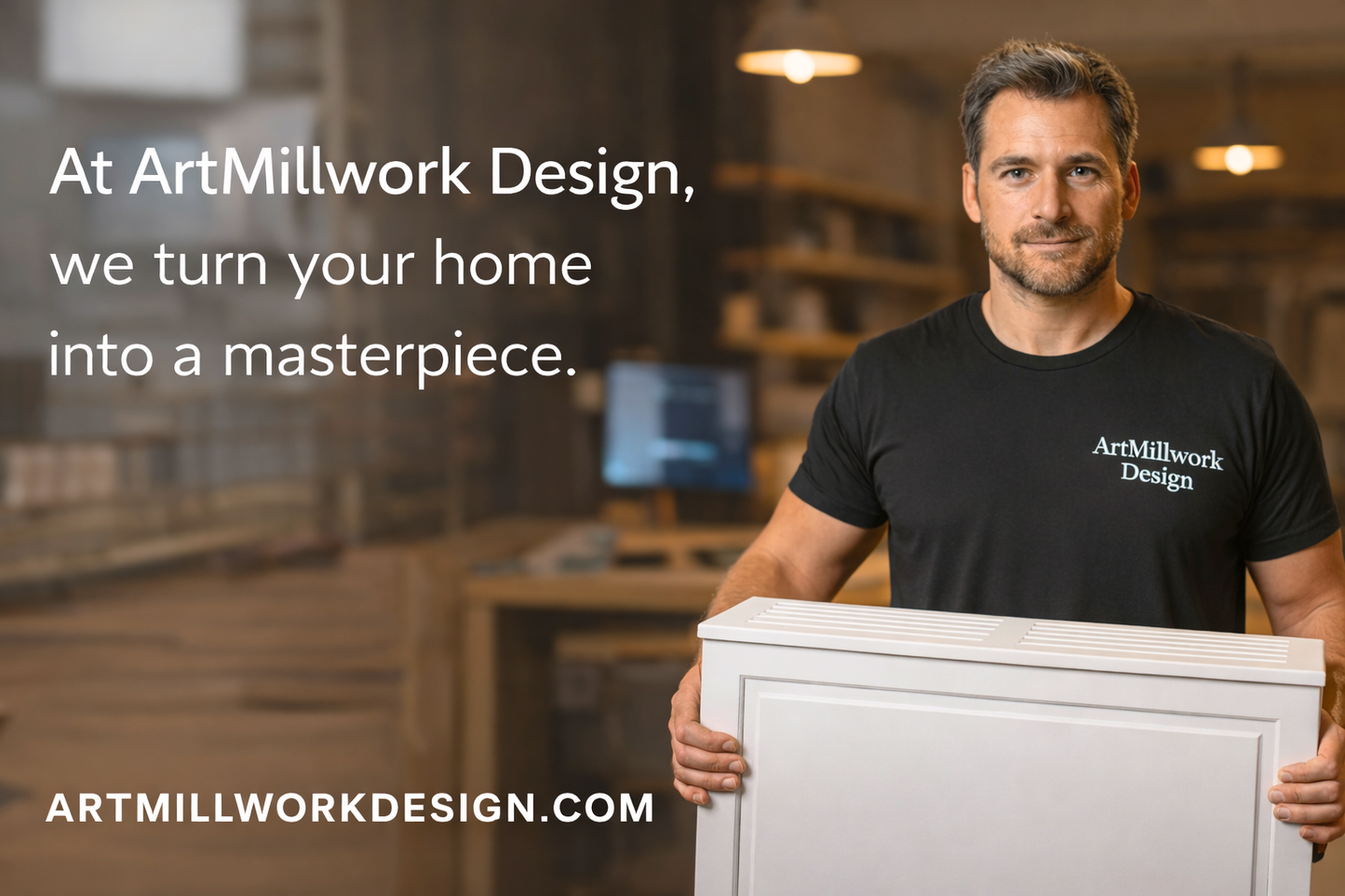 ArtMillwork Design promotional image with craftsman holding white radiator cover, showcasing custom home improvement services.