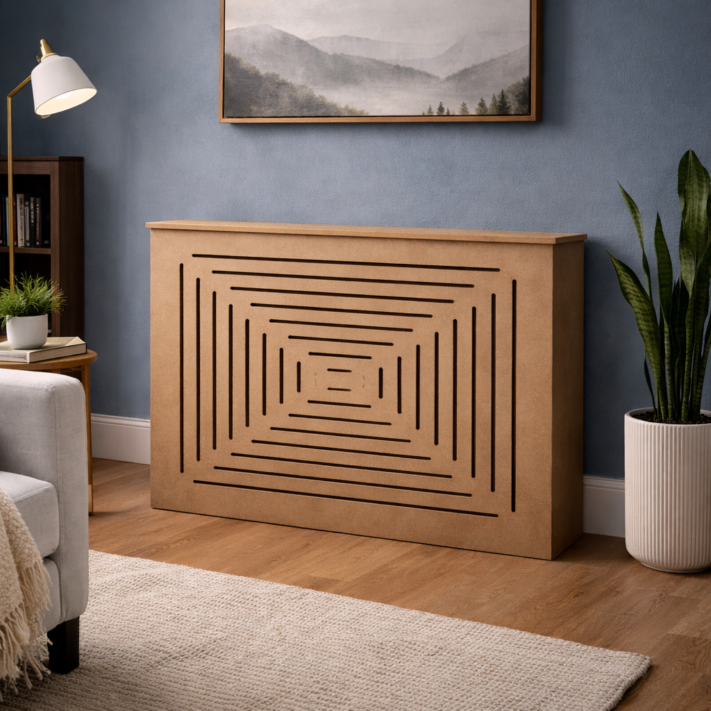 SANTORINI modern unfinished radiator cover cabinet made from Medex wood, paint-ready custom heat cover handcrafted in NYC