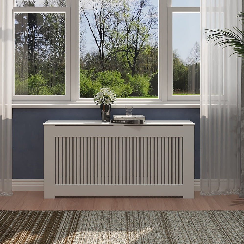 STELLA modern white radiator cover cabinet made from Medex wood, custom heat cover handcrafted in NYC