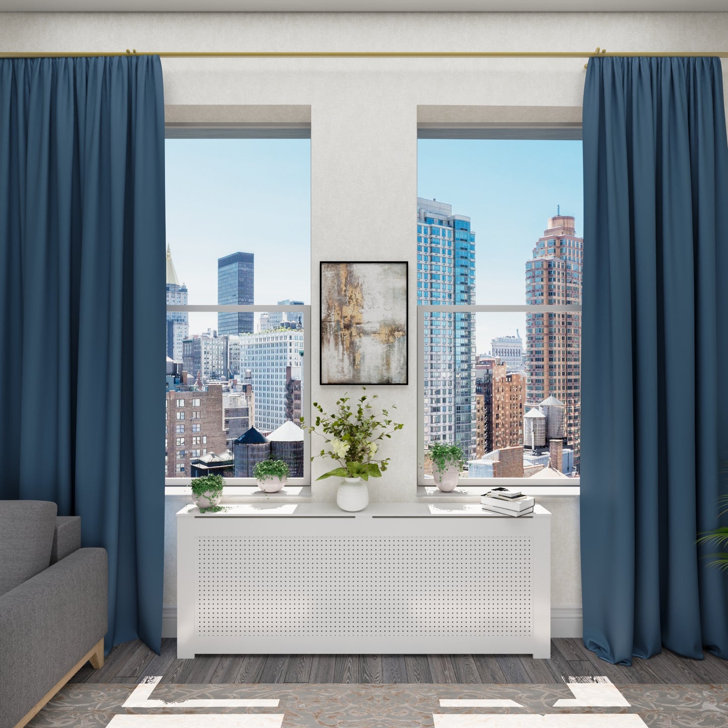 Side view of ALEXIA radiator cover cabinet showing standard 10 inch depth and clean profile