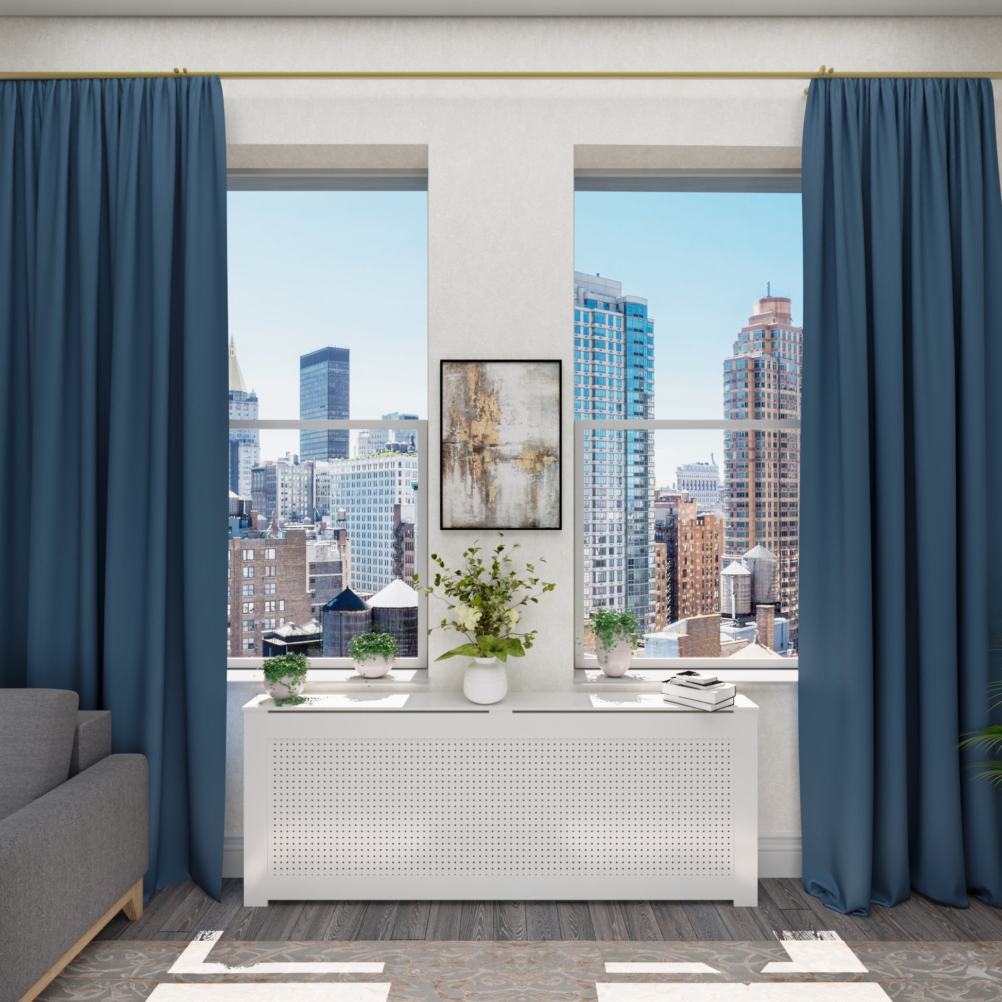 Side view of ALEXIA radiator cover cabinet showing standard 10 inch depth and clean profile