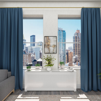 Side view of ALEXIA radiator cover cabinet showing standard 10 inch depth and clean profile