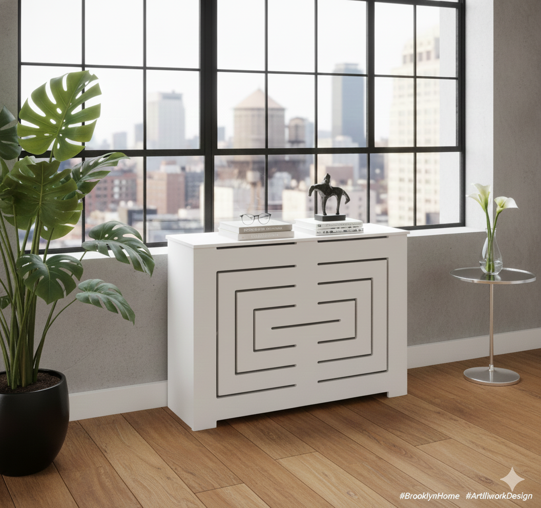 Side view of BIANCA radiator cover cabinet showing standard 10 inch depth