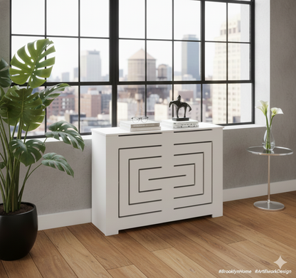 Side view of BIANCA radiator cover cabinet showing standard 10 inch depth