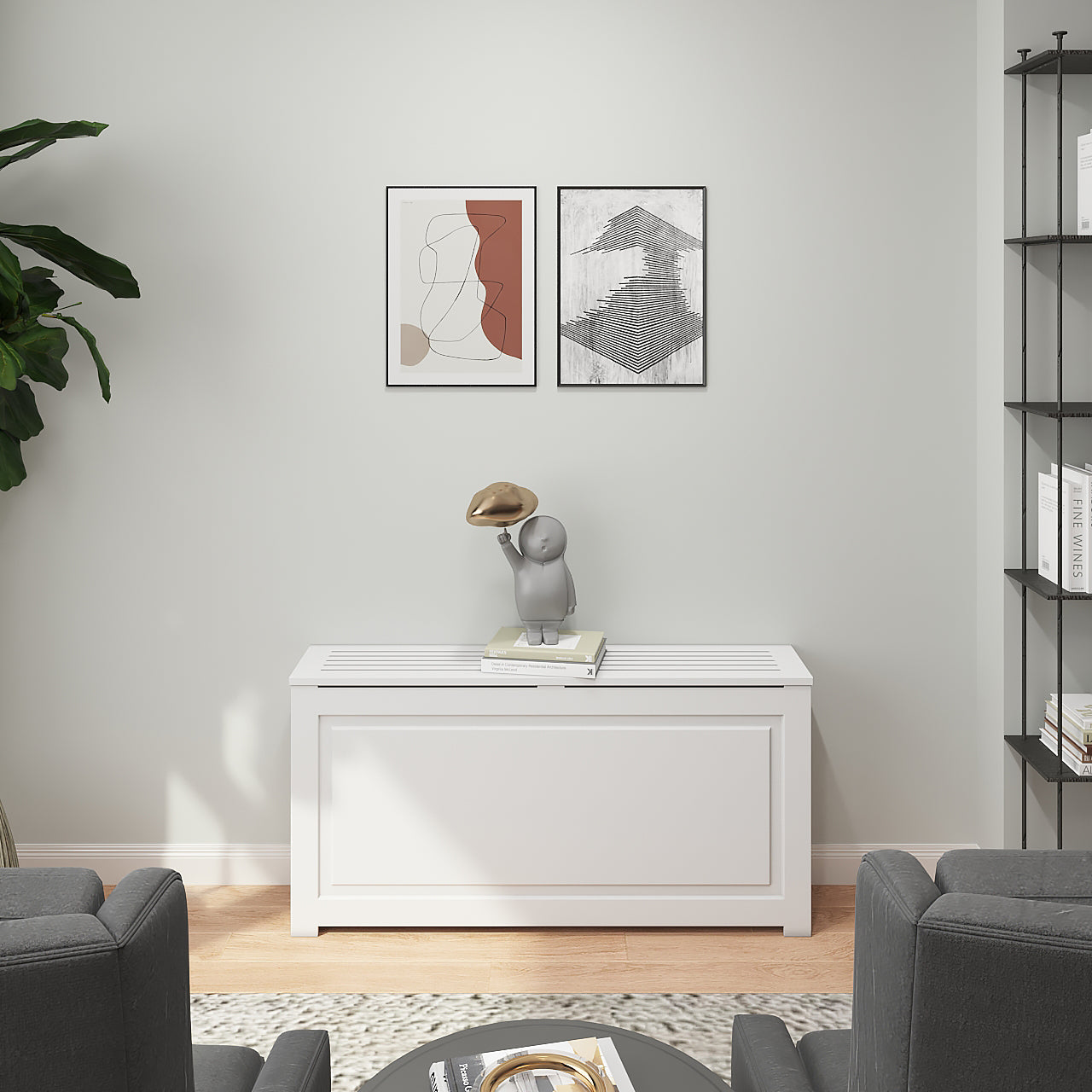 Side view of EVELINE radiator cover cabinet showing standard 10 inch depth