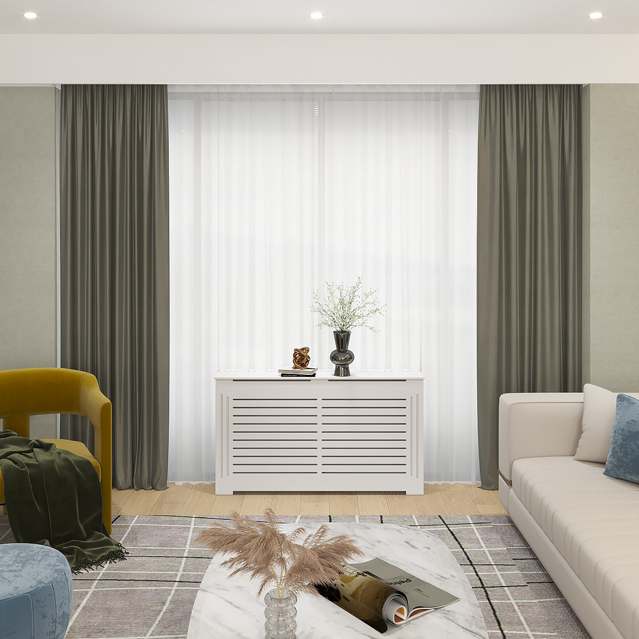 Side view of JULIA radiator cover cabinet showing standard 10 inch depth and white finish