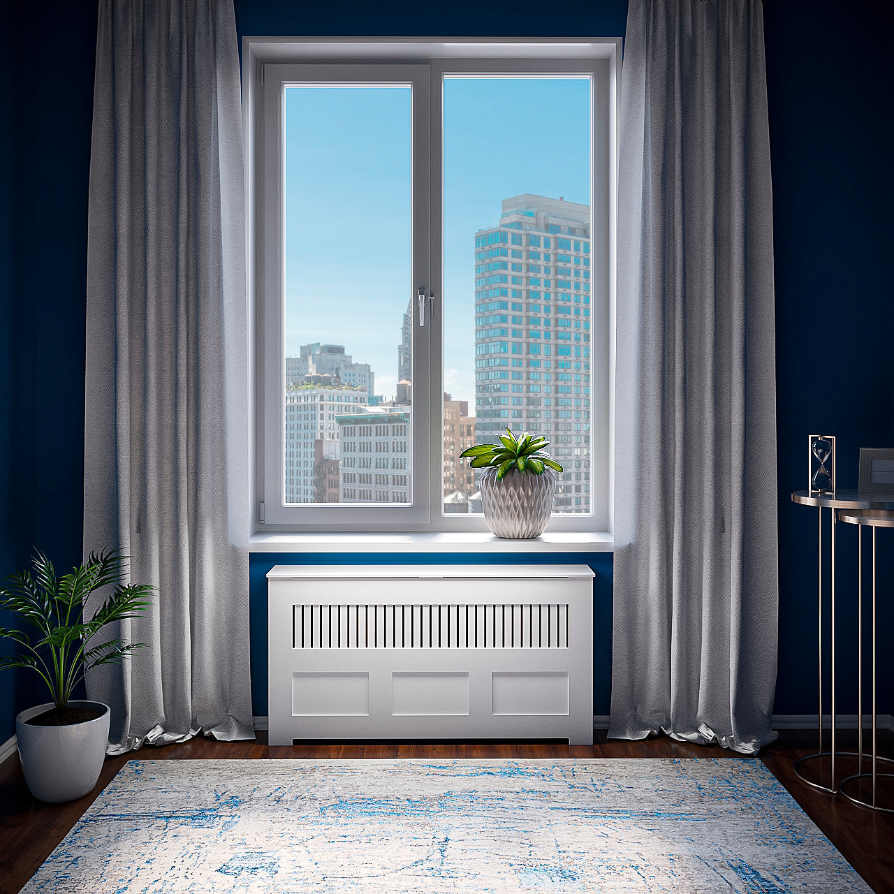 Side view of MANHATTAN radiator cover cabinet showing standard 10 inch depth
