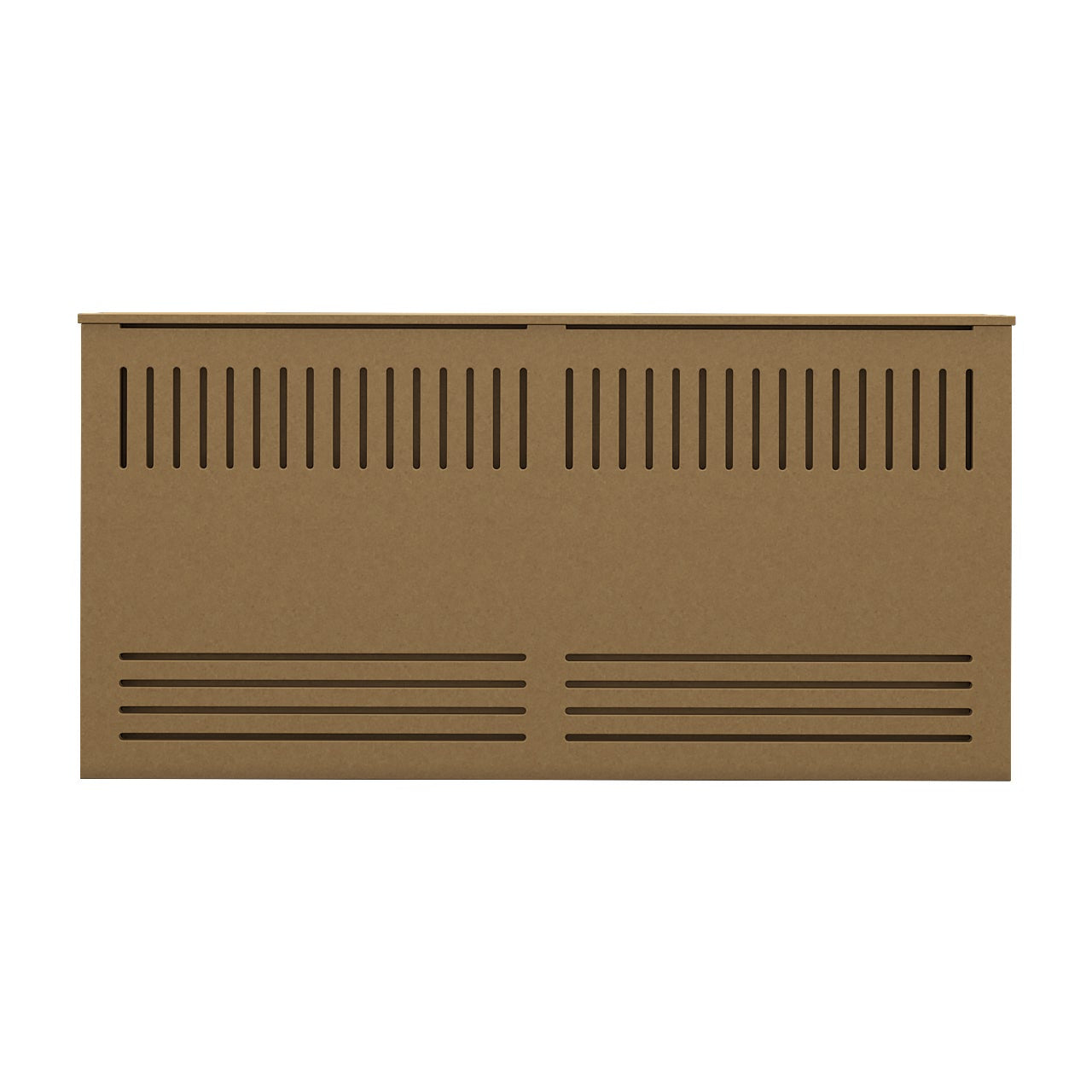 Front view of ROSALIA Custom Unfinished Radiator Cover with dual slat venting, ready for paint and baseboard cutouts.