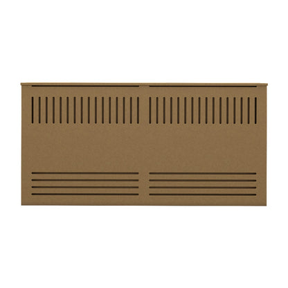 Front view of ROSALIA Custom Unfinished Radiator Cover with dual slat venting, ready for paint and baseboard cutouts.