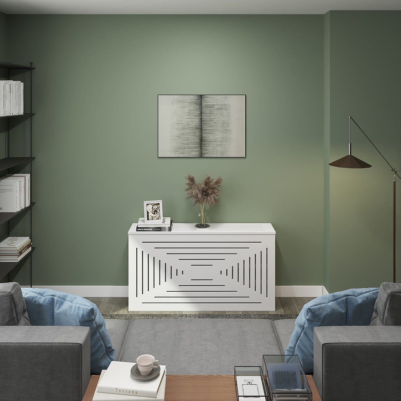 Side view of SANTORINI radiator cover cabinet showing standard 10 inch depth