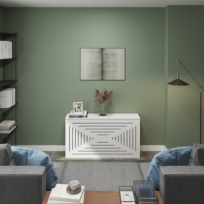 Side view of SANTORINI radiator cover cabinet showing standard 10 inch depth