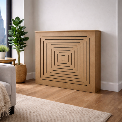 SANTORINI Radiator Cover Panels in unfinished Medex wood with geometric cutouts, custom made for NYC apartments, placed in a modern living room.